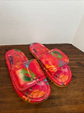Farm Rio Puffy Fruit Velcro Slide Sandals NWOT